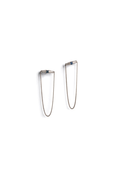 Long bar chain stud earring made from Sterling Silver with Ruby or Sapphire by lacuna jewelry