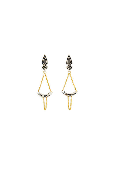 unique silver and gold mix metal dangle stud earrings with black diamond by lacuna jewelry