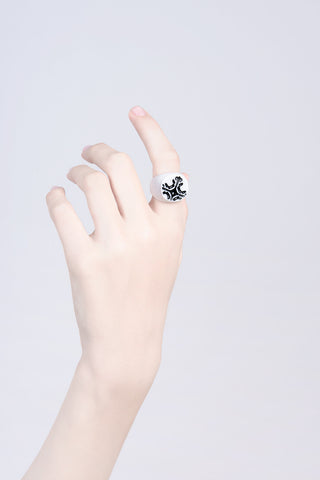 Seal ring, white ring, contemporary ring, embroidery ring, black and whie, statement ring, novelty ring, , art to wear, design for designers, jewelry design, ceramic jewelry, ceramic ring, minimal, stylish, new ring, quality, limited edition, online shopping, statement jewelry, jewellery, simplicity, future, sustainable, different, ageless, jewelry for her, altbride, unique jewelry, wear art, alternative jewelry, beauty, lacuna jewelry, yafit ben meshulam, lacuna shop,