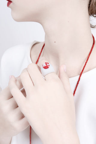 contemporary ring, art ring, embroidery ring, ceramic ring, red and white ring, jewelry design, lacuna jewelry, yafit ben meshulam, made in israel