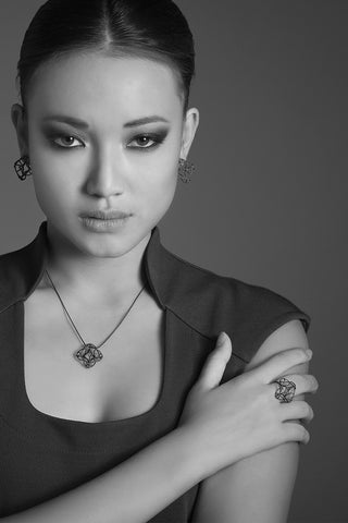Unique black oxidized Sterling Silver set of pendant necklace, stud earrings and ring for women and bridesmaid by lacuna jewelry