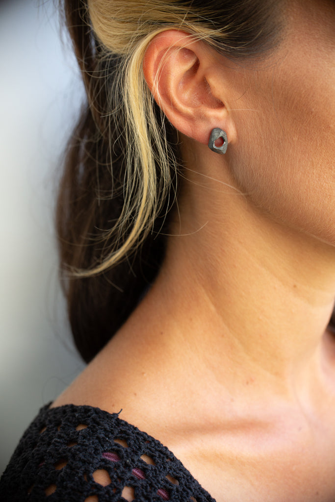 black oxidized silver stud earrings, unique earrings, handmade by lacuna jewelry