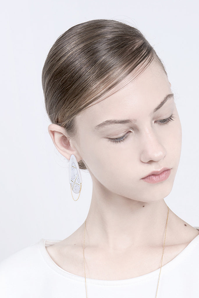 contemporary long dangle studs for bride, statement earrings, elegant earrings, white jewelry by lacuna jewelry