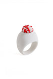 contemporary ring, art ring, embroidery ring, ceramic ring, red and white ring, jewelry design, lacuna jewelry, yafit ben meshulam, made in israel