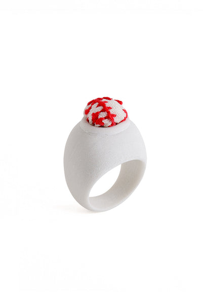 contemporary ring, art ring, embroidery ring, ceramic ring, red and white ring, jewelry design, lacuna jewelry, yafit ben meshulam, made in israel