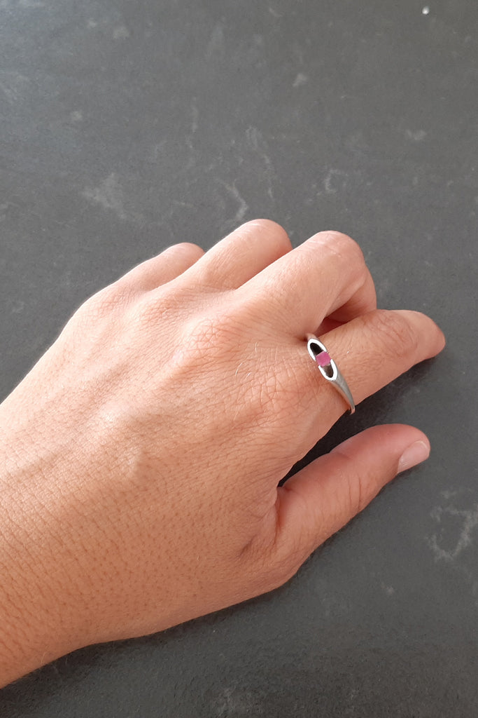 contemporary dainty Ruby silver ring by lacuna jewelry