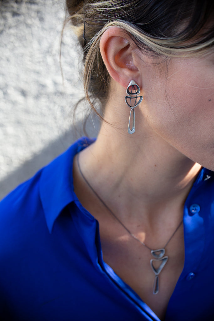 Unique handmade drop dangle silver stud earrings by lacuna jewelry