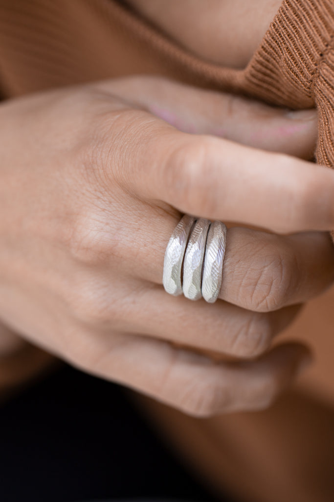 stocking rings, silver texture rings, matt bend rings by yafit ben meshulam, lacuna jewelry 